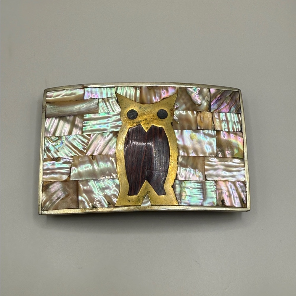 Vintage Alpaca Mexico Silver Mother of Pearl Abalone Owl Inlay Belt Buckle